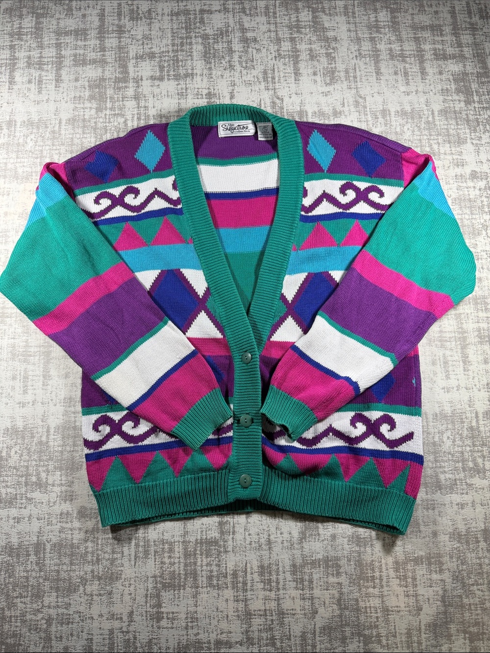 Signature Vintage Teal, Purple & Pink Geometric Button-Up Cardigan sz M 24X20.5